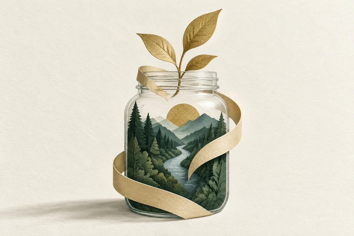 Paper-cut jar with a small sprout and a landscape inside, illustrating education savings.