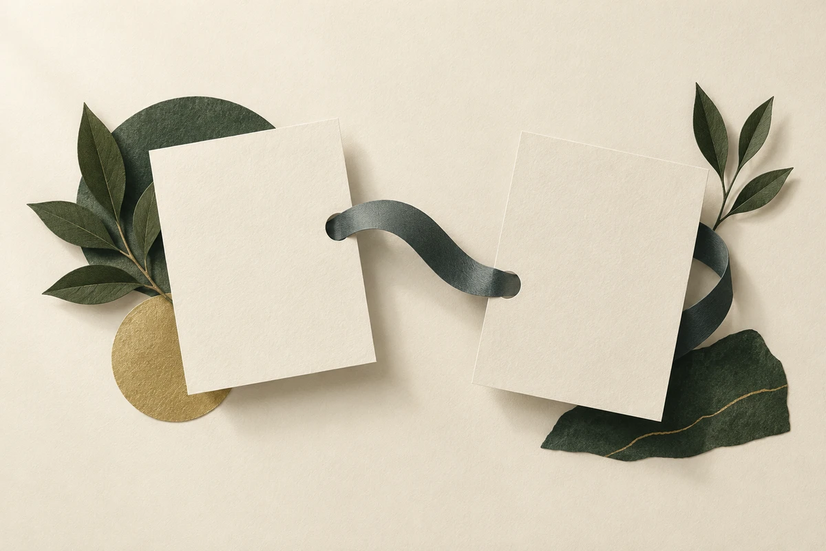 Two paper-cut forms linked by a ribbon, illustrating comparing account options.