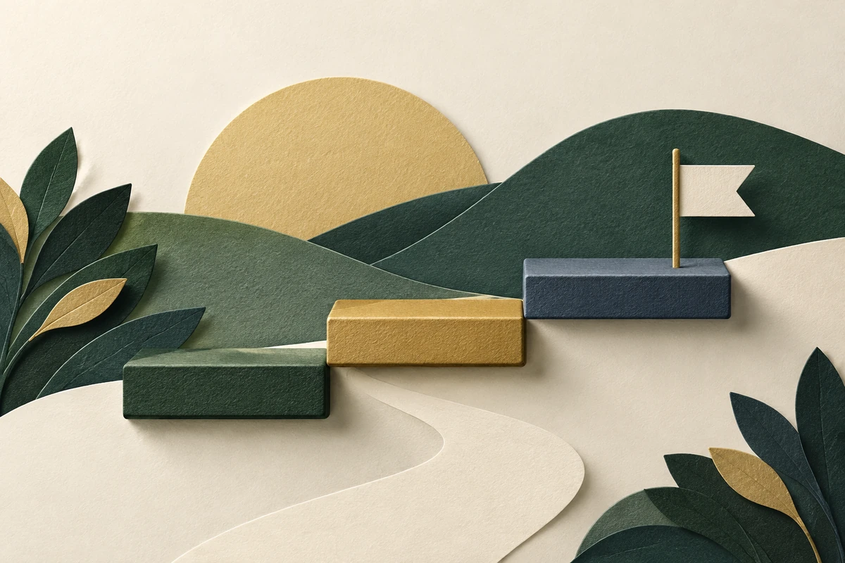 Three paper-cut steps rising left to right, illustrating agreeing on next steps.