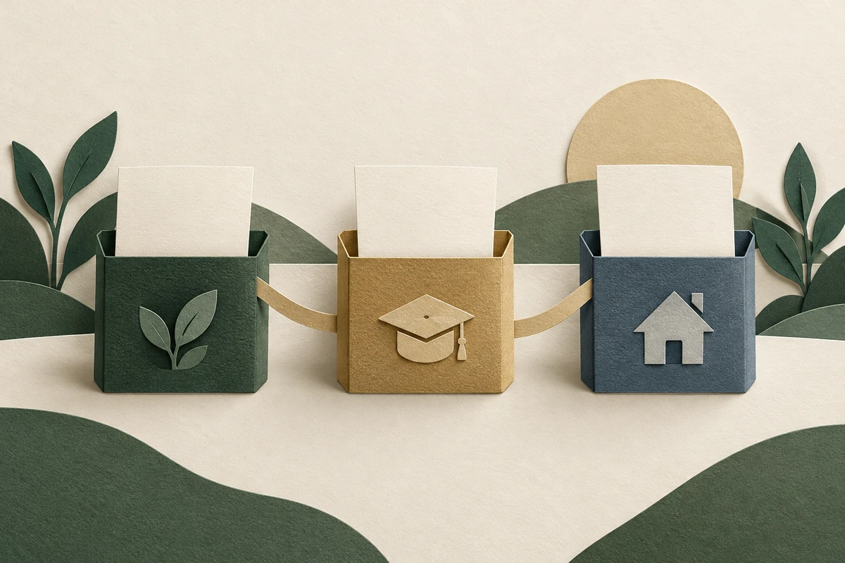 Three paper-cut containers each holding a document, illustrating copies kept in different places.