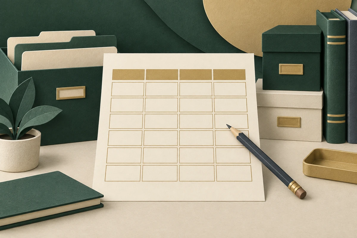 Paper-cut grid of blank cells with a pencil, illustrating a worksheet for tracking where records are kept.