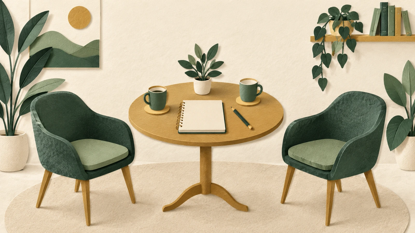 Paper-cut chairs and a notebook illustrate preparing questions for a conversation.