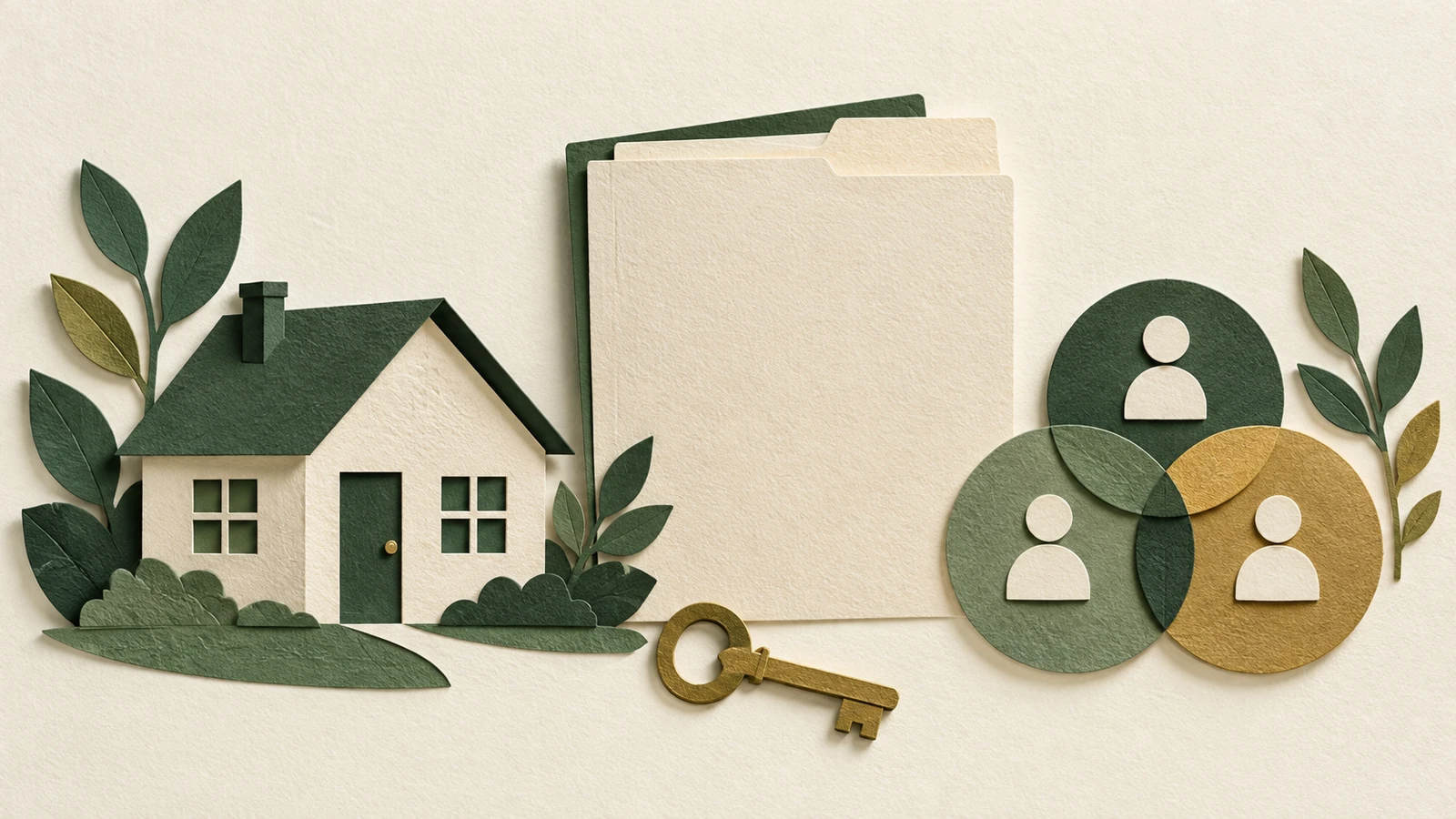 A paper-cut house, key, folder and overlapping circles illustrate estate-document and beneficiary questions.