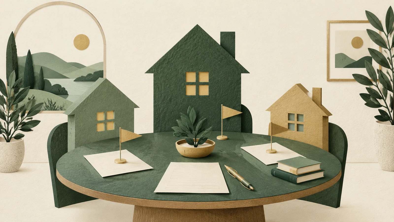 Paper-cut houses and separate documents illustrate family financial-planning questions.