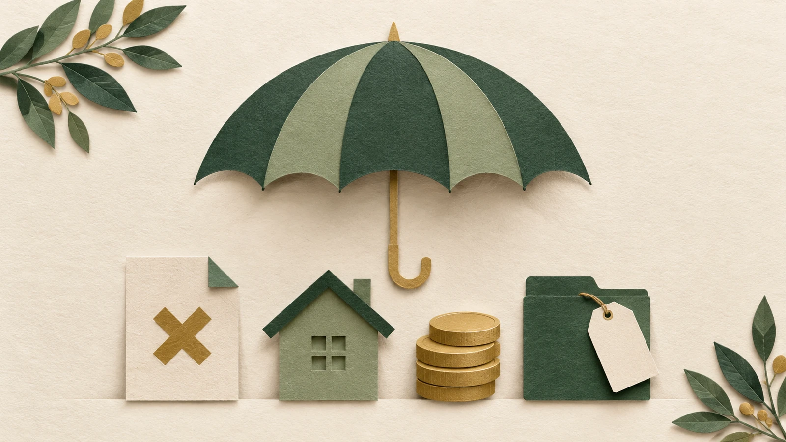 A paper-cut umbrella, separate forms and folder illustrate coverage, exclusions and costs.
