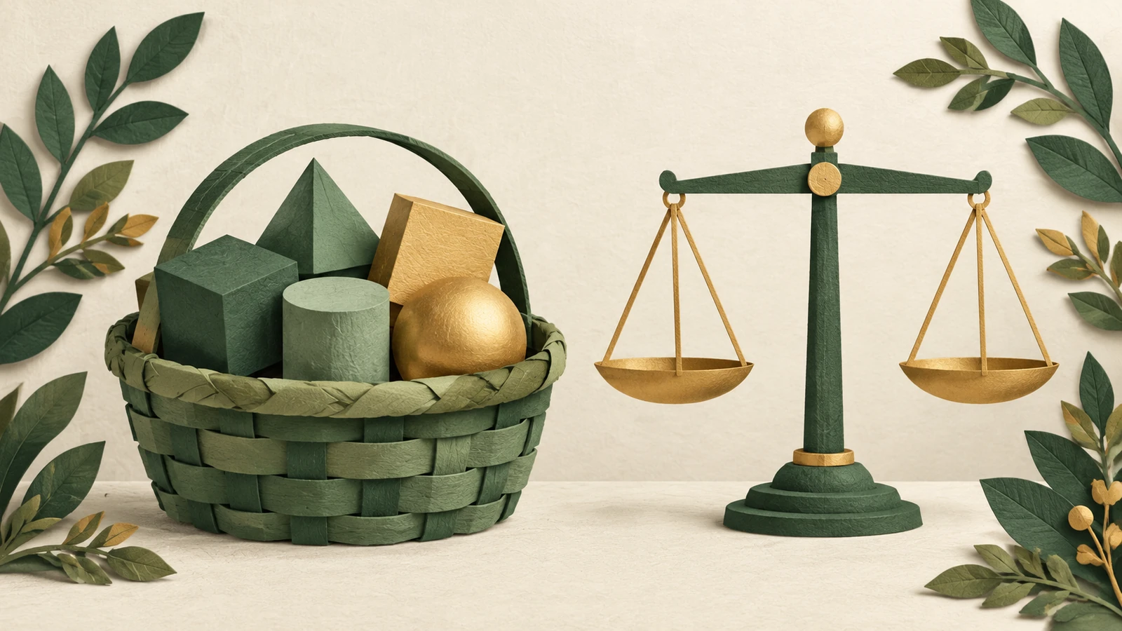 A paper-cut basket of different shapes and a scale illustrate diversification, risk and costs.