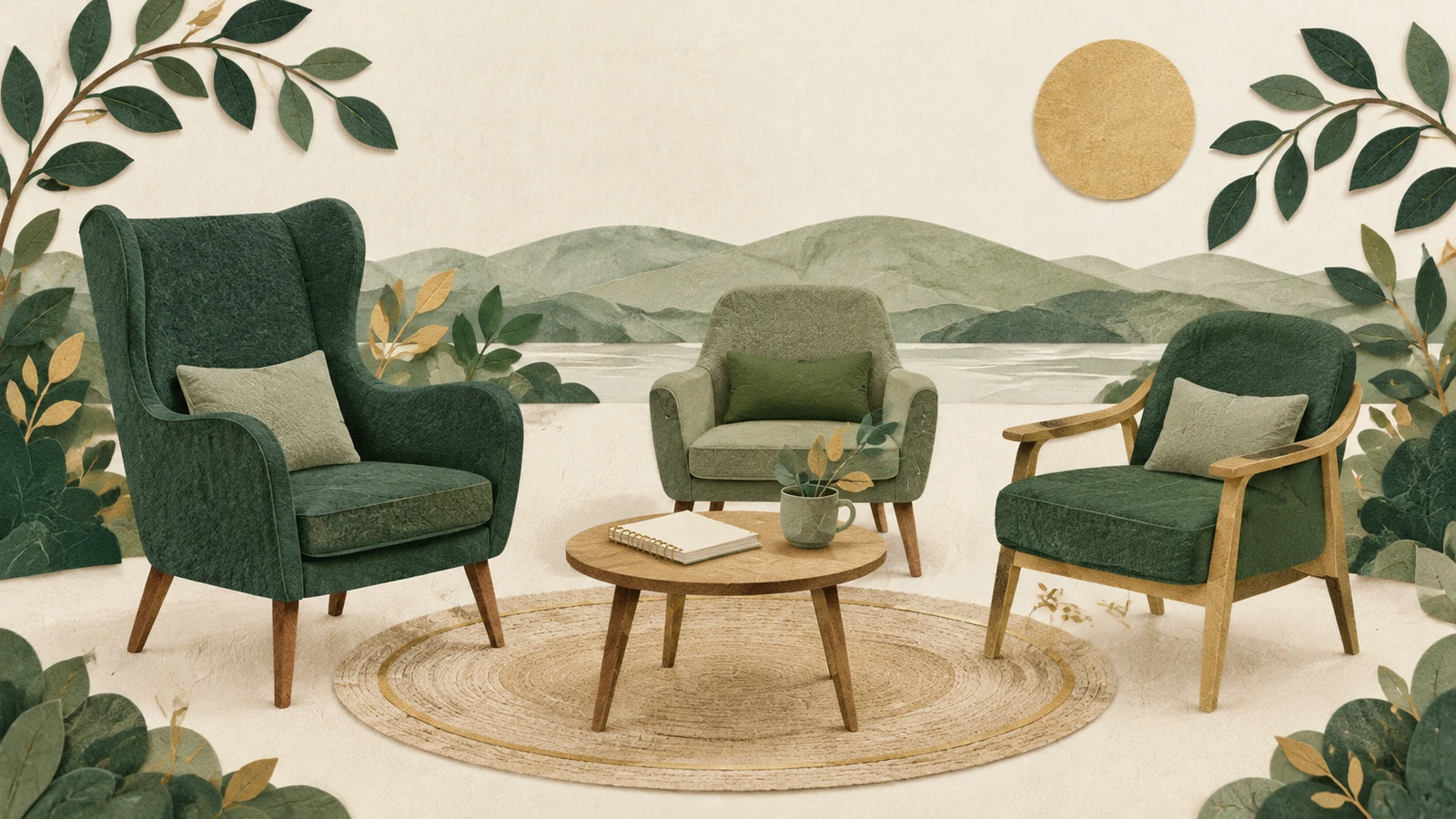Three empty paper-cut chairs and a notebook illustrate a family conversation before retirement.