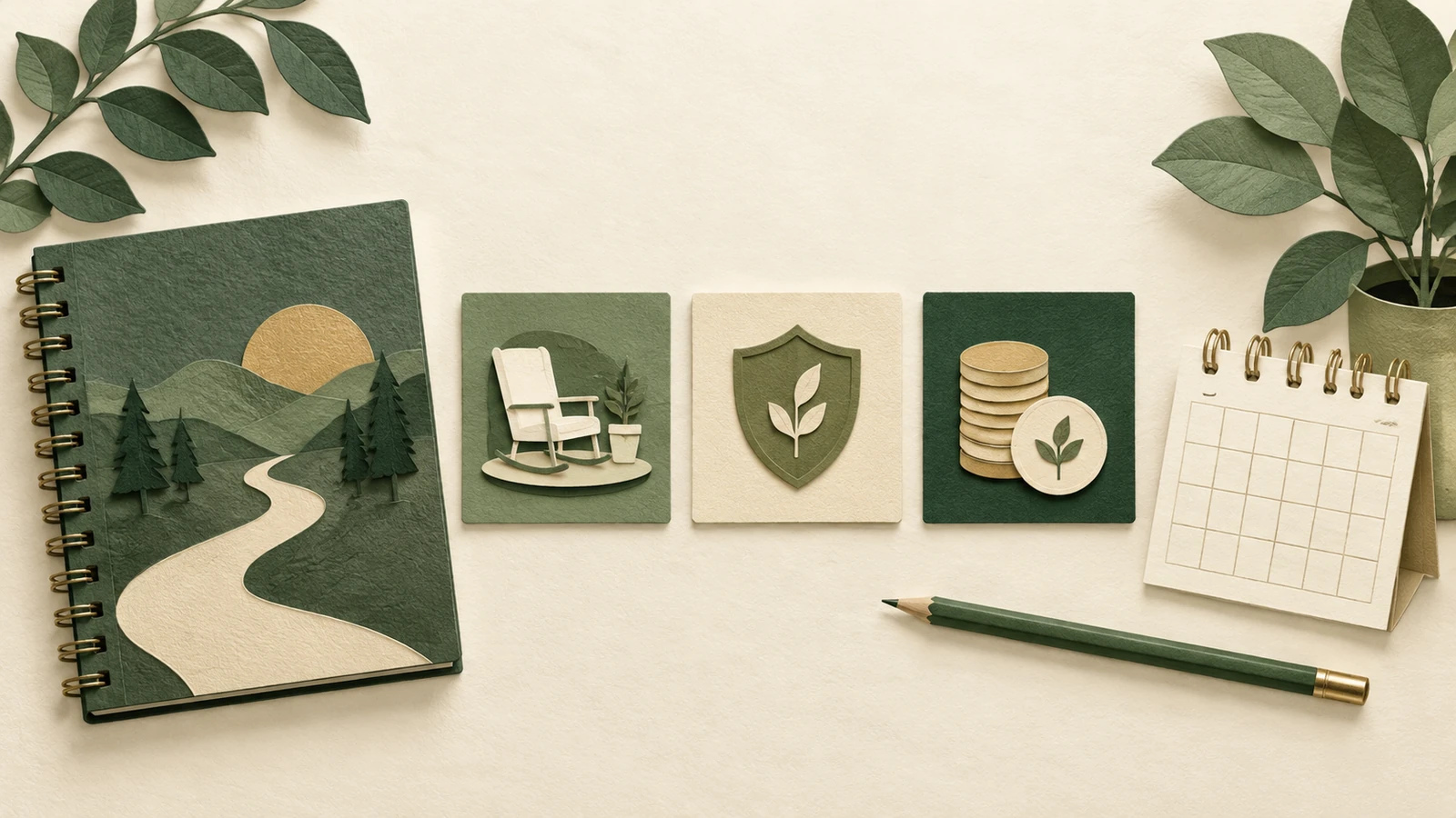 A paper-cut notebook, calendar and separate planning cards illustrate retirement-withdrawal assumptions.