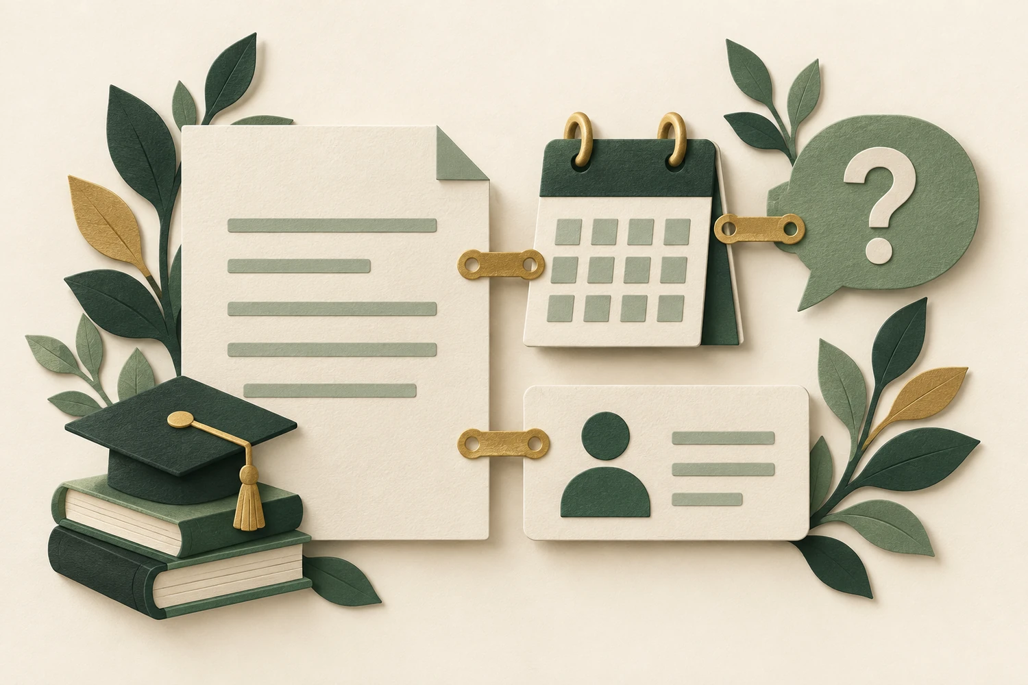 Paper-cut document, calendar, question and contact cards keep each planning question attached to its source and responsible contact.