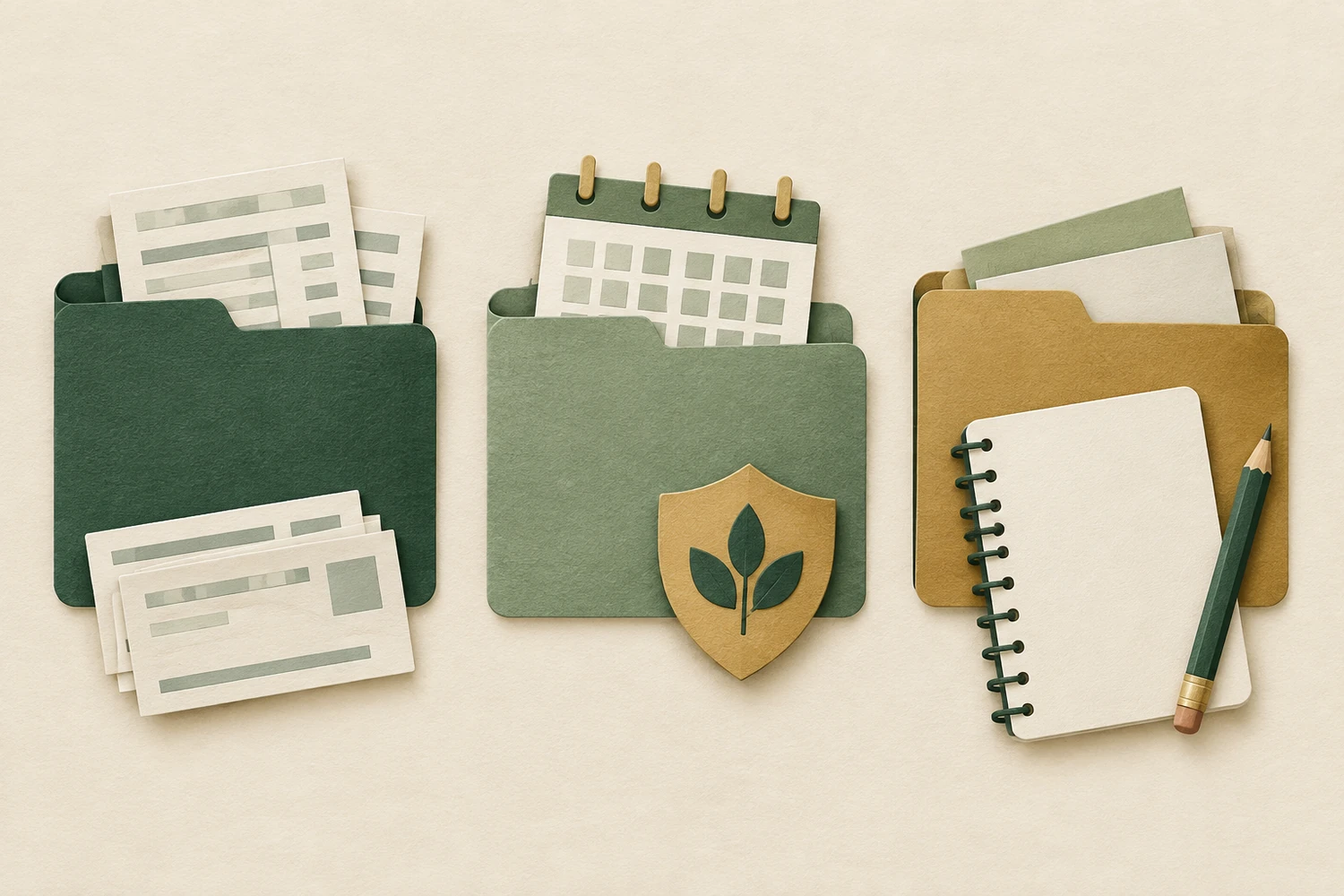 Paper-cut payroll slips, benefit calendar and planning notebook illustrate separate responsibilities to clarify.
