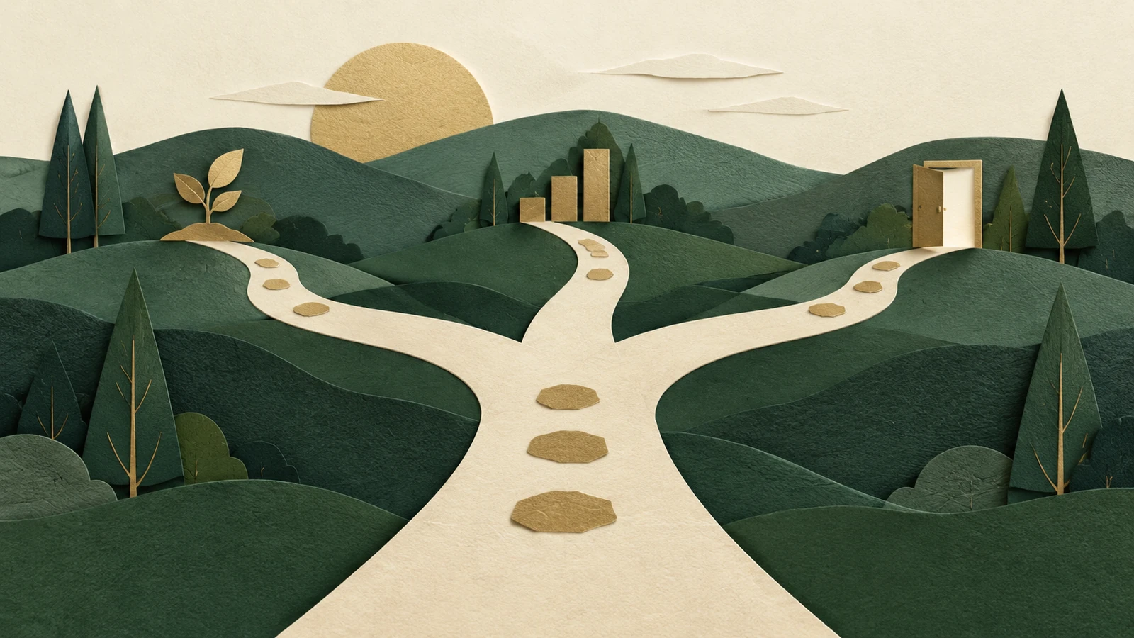 Paper-cut cream paths branching through green hills toward a sprout, gold blocks and an open door, illustrating business-owner planning choices.