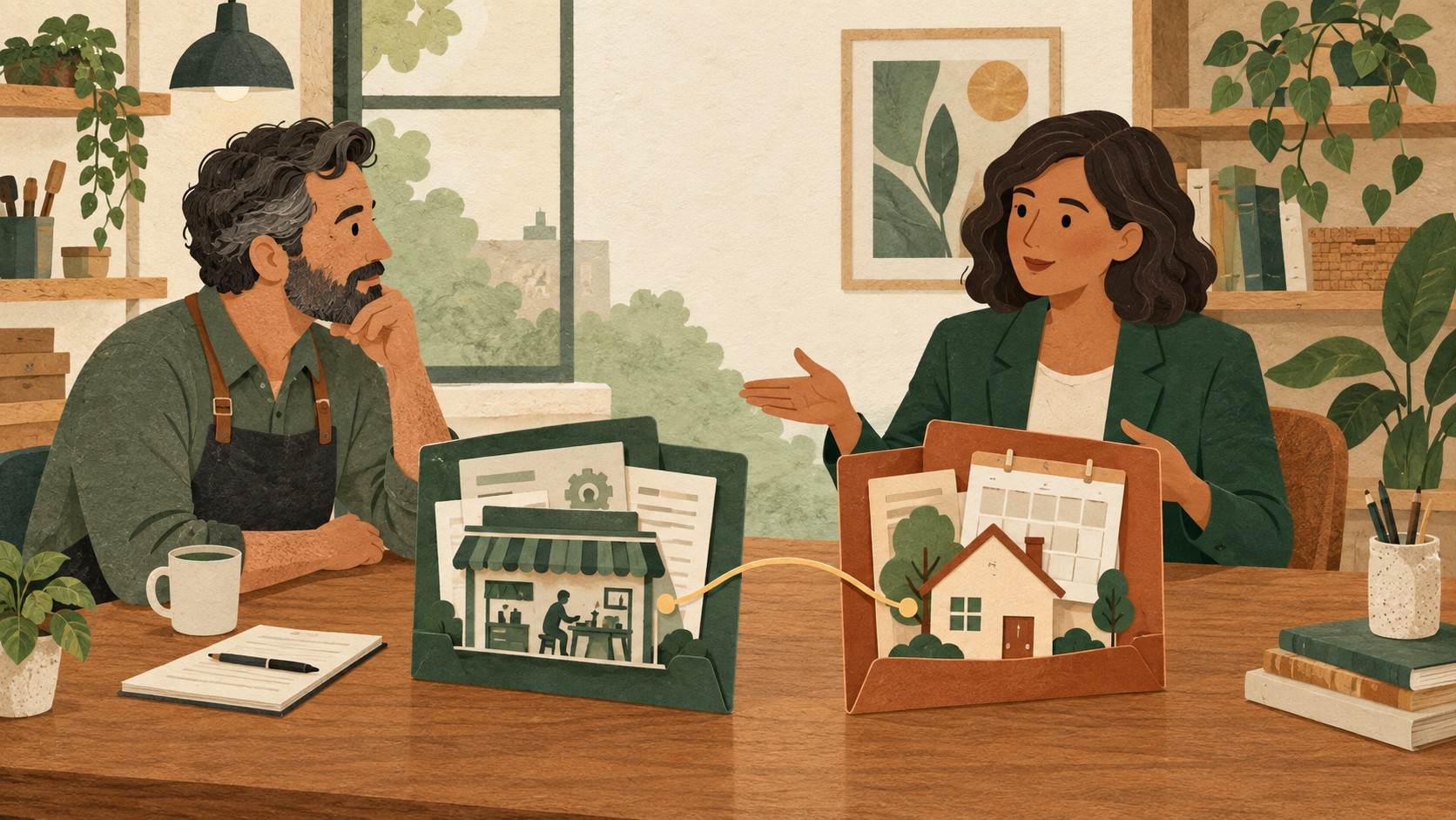 Illustration of a business owner and a professional discussing separate company and household folders.