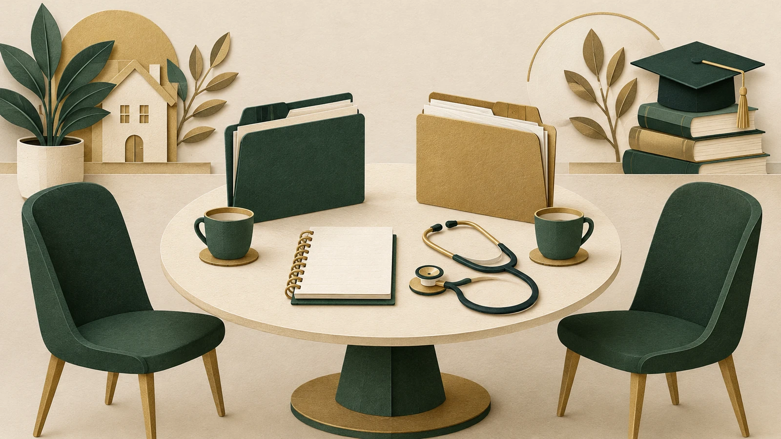 Paper-cut folders, a notebook and stethoscope around a table illustrate preparing physician financial-planning questions.