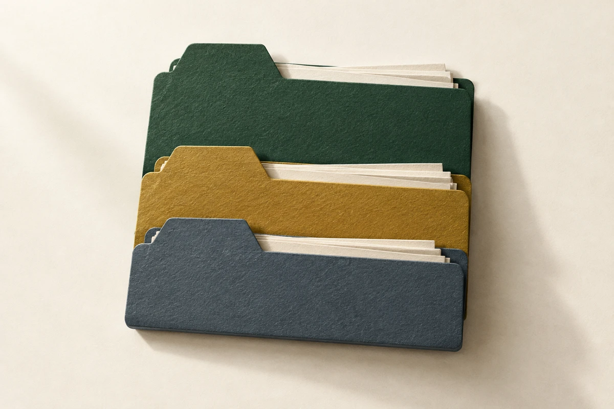 Three paper-cut folders in different colors, illustrating different kinds of inherited assets.
