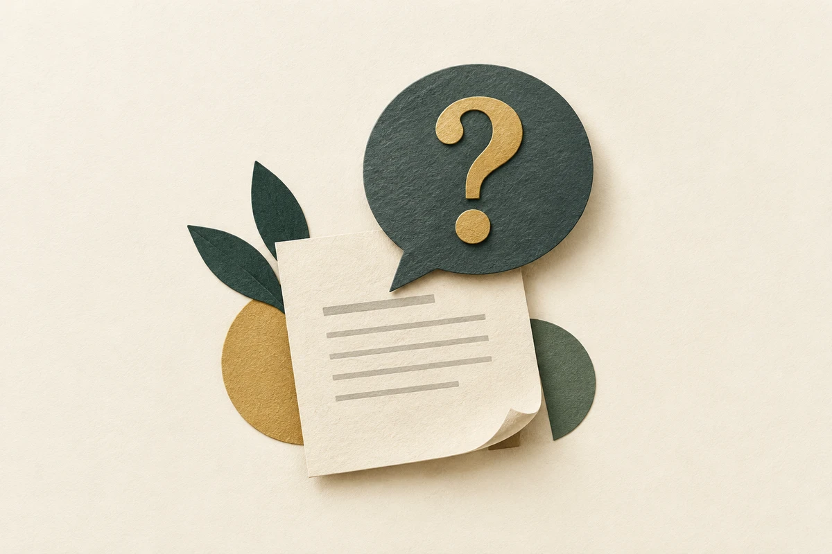 Paper-cut speech bubble with a question mark above a document, illustrating questions to ask a professional.
