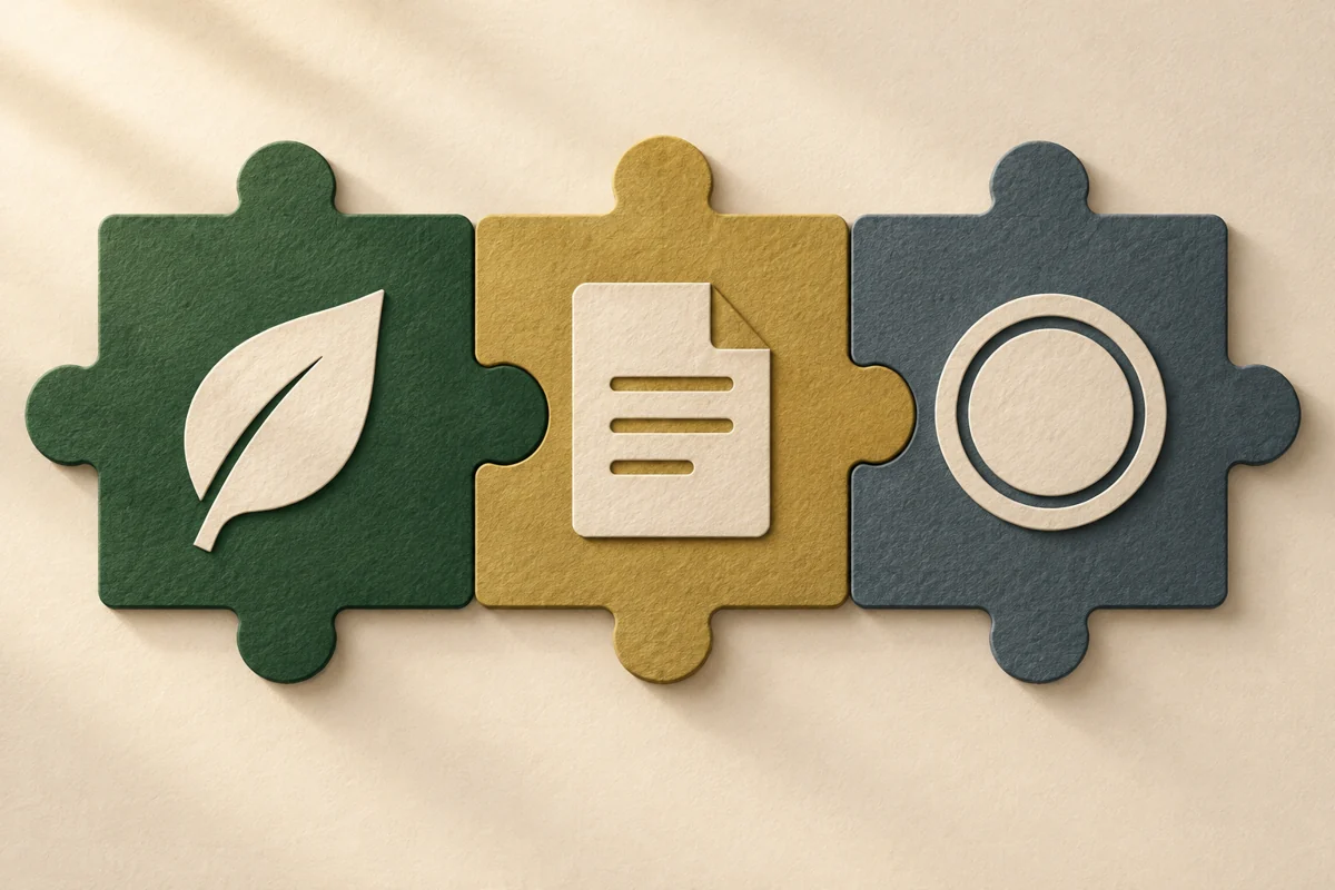 Three interlocking paper-cut tiles, illustrating separate but connected retirement decisions.