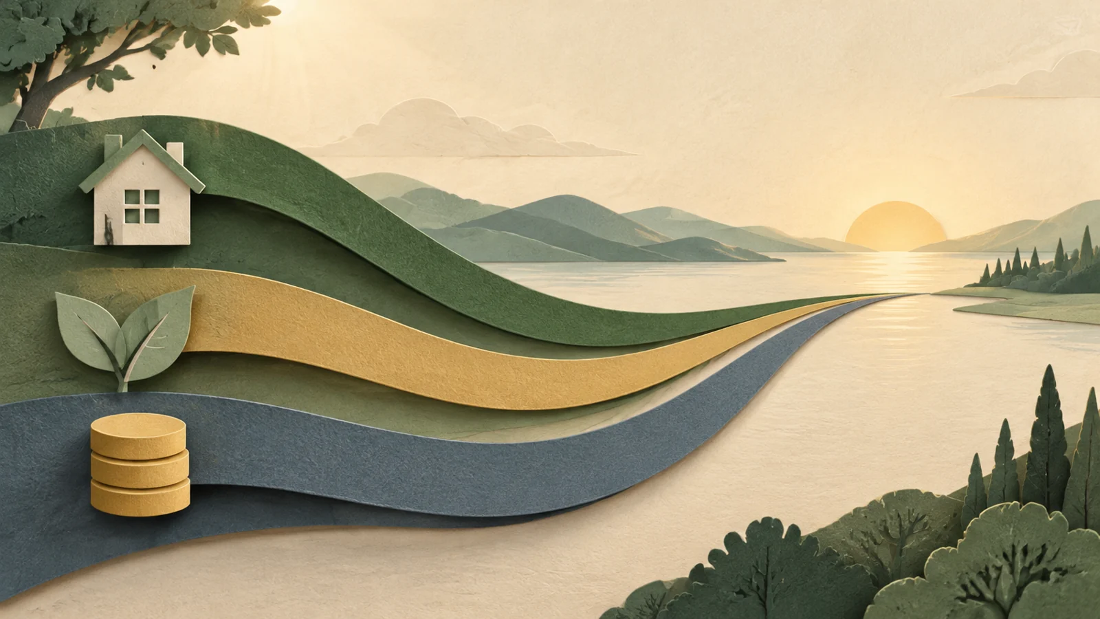Paper-cut ribbons of different colors flowing toward a horizon, illustrating several sources of retirement income.