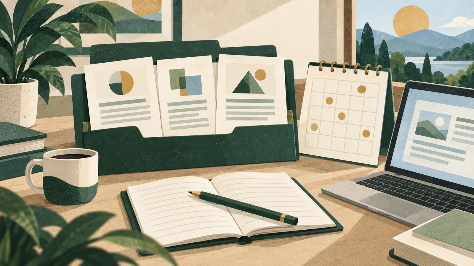 Textured paper-cut illustration of equity documents in a green folder beside a marked calendar, laptop and open notebook.