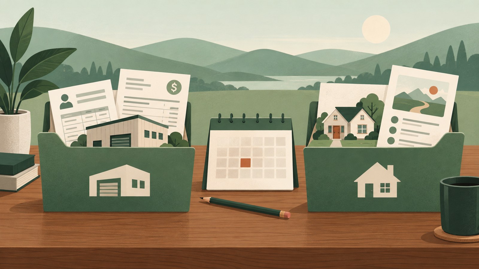 Two separate folders for company commitments and household goals sit beside a review calendar.