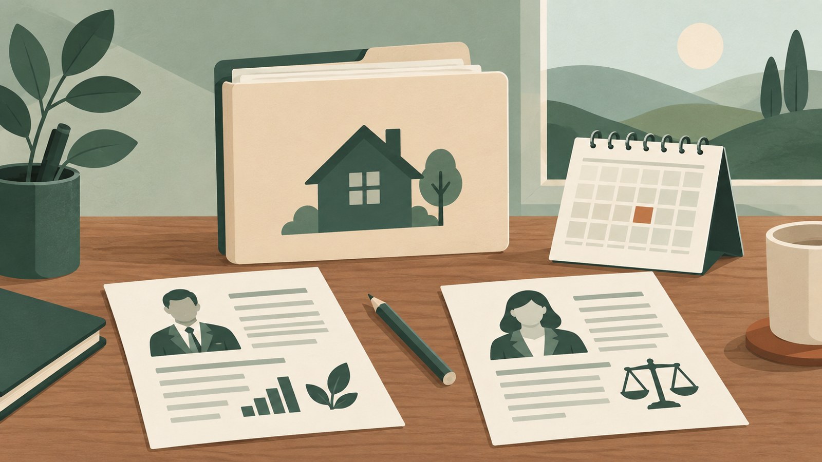 Conceptual illustration of documents and a calendar for reviewed financial decisions.